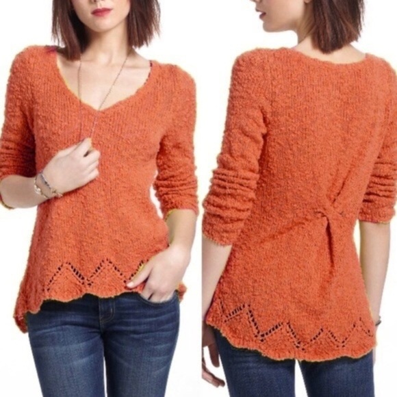 Anthropologie Sweaters - Anthropologie Little Yellow Bird Peaked Pointelle Coral Knit Sweater Medium